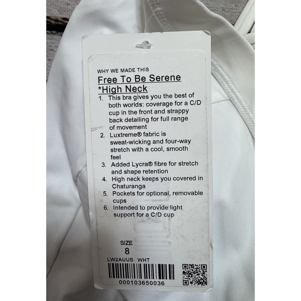Lululemon Free to Be Serene Sports Bra High Neck C/D Cup White Size 8 NWT - Picture 2 of 5